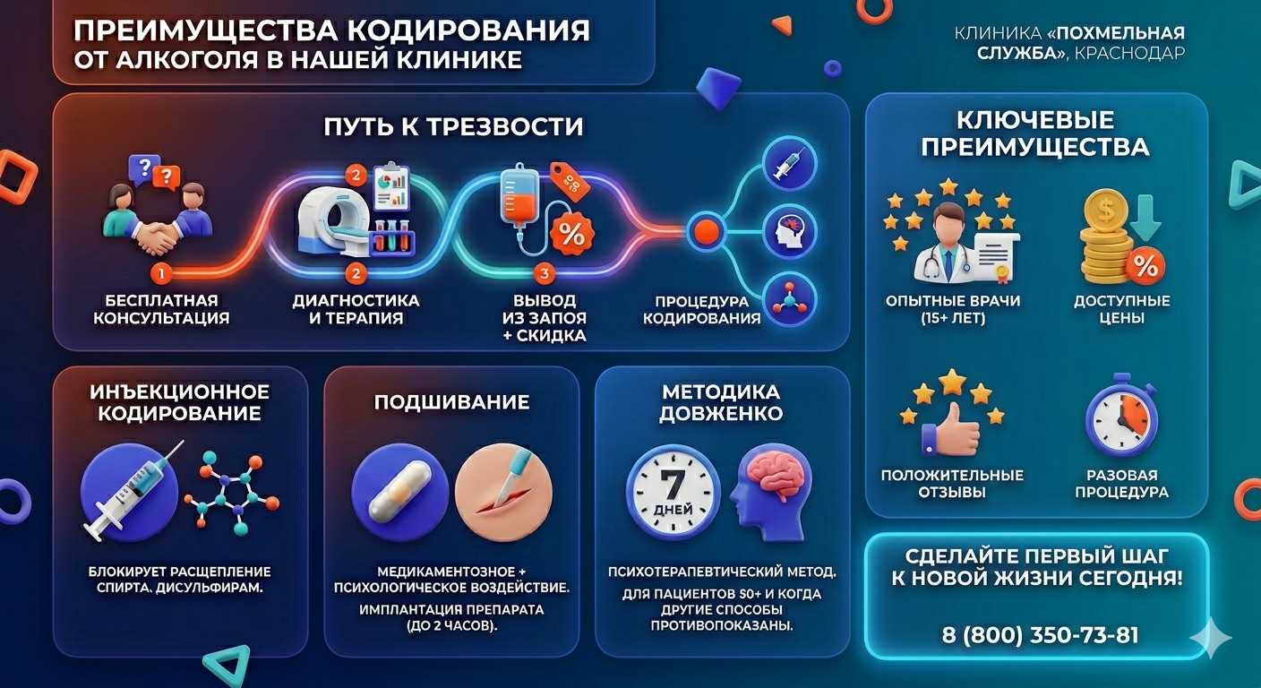 Инфографика о методах кодирования от алкоголя в Саргатском: инъекции, подшивание, метод Довженко. Преимущества клиники и этапы лечения.