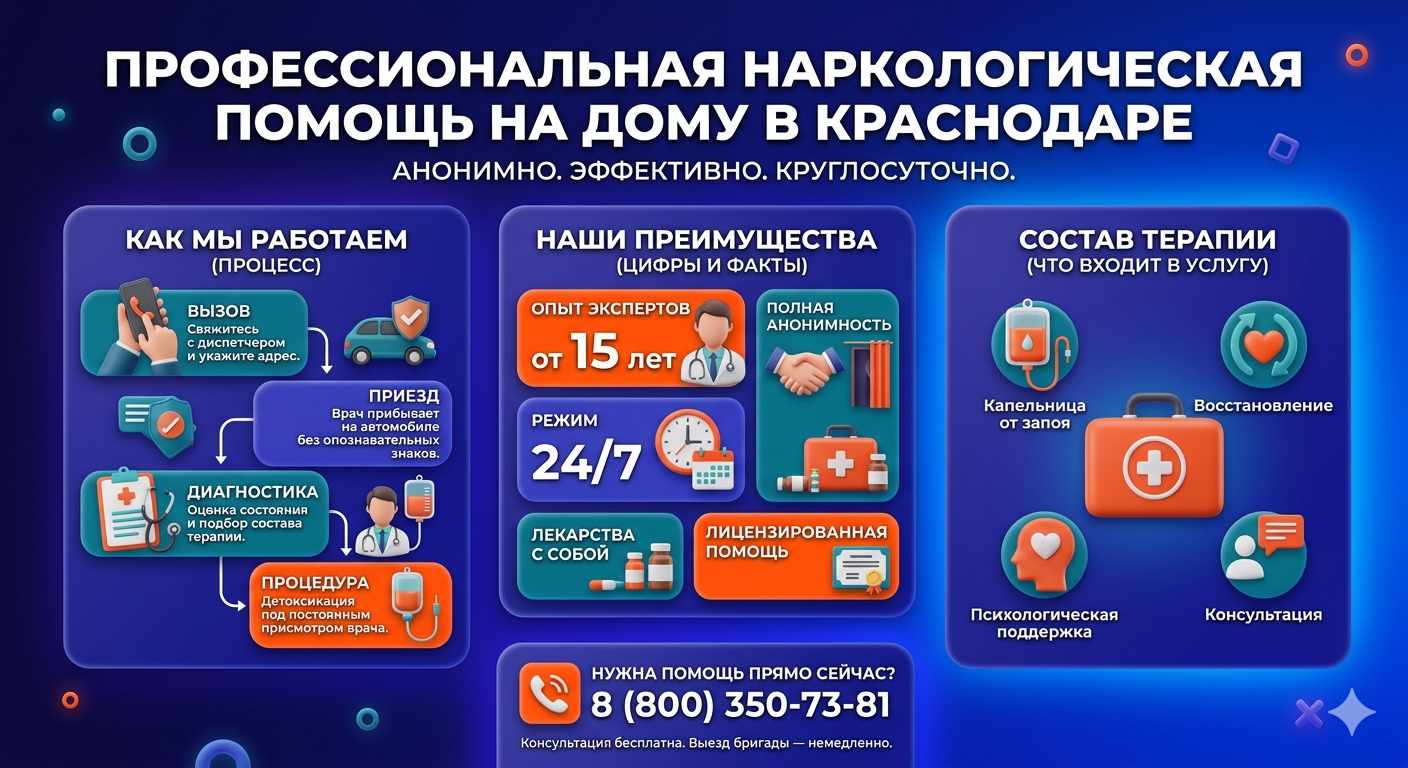 Инфографика о принципах лечения алкоголизма на дому в Саргатском: этапы вызова нарколога, преимущества анонимной детоксикации и состав медицинской помощи.